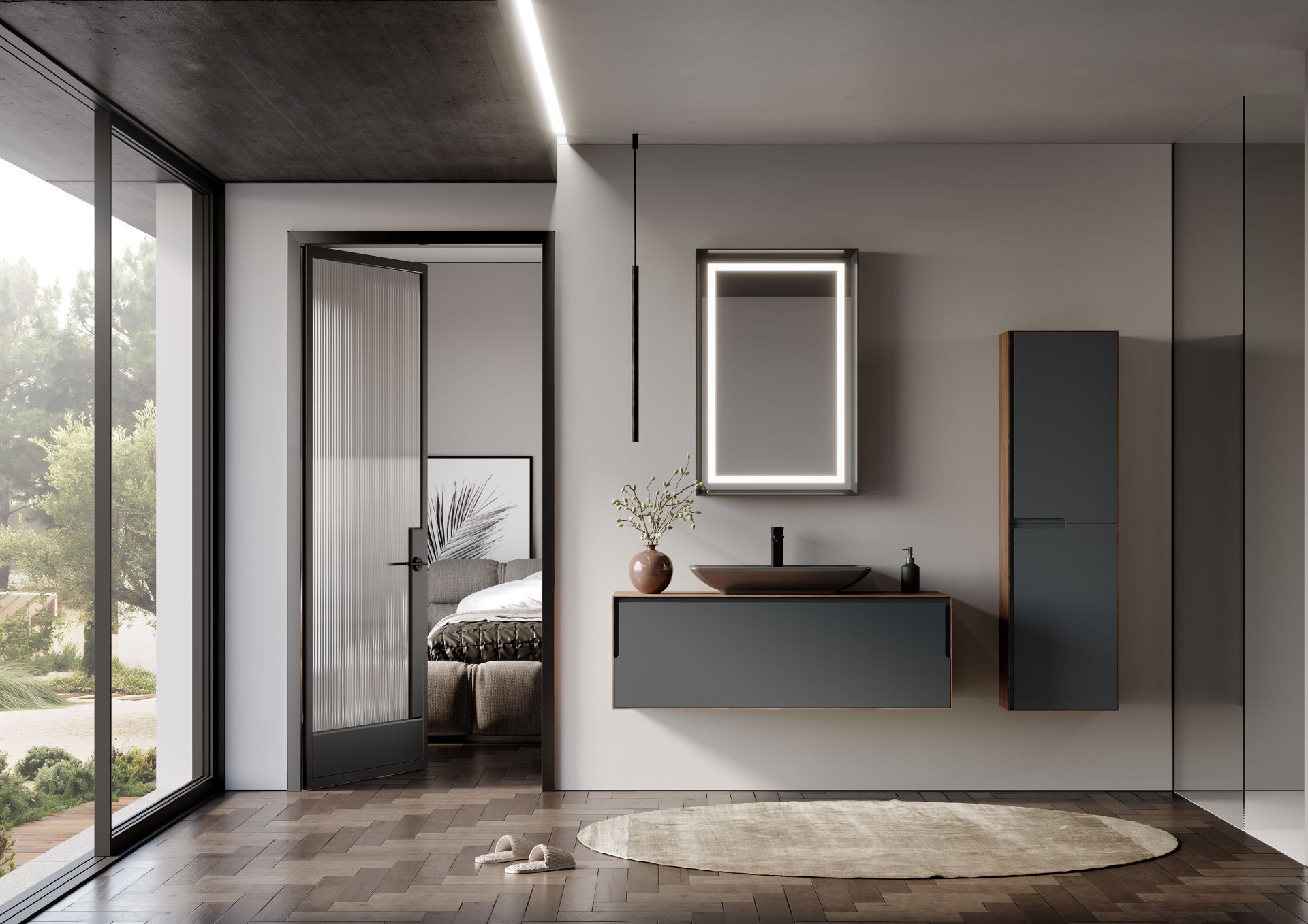 Orka Craft 120 Banyo Dolabı + Boy Dolabı 40 Ceviz / Mat Antrasit ( Boy Dolabı Dahildir )