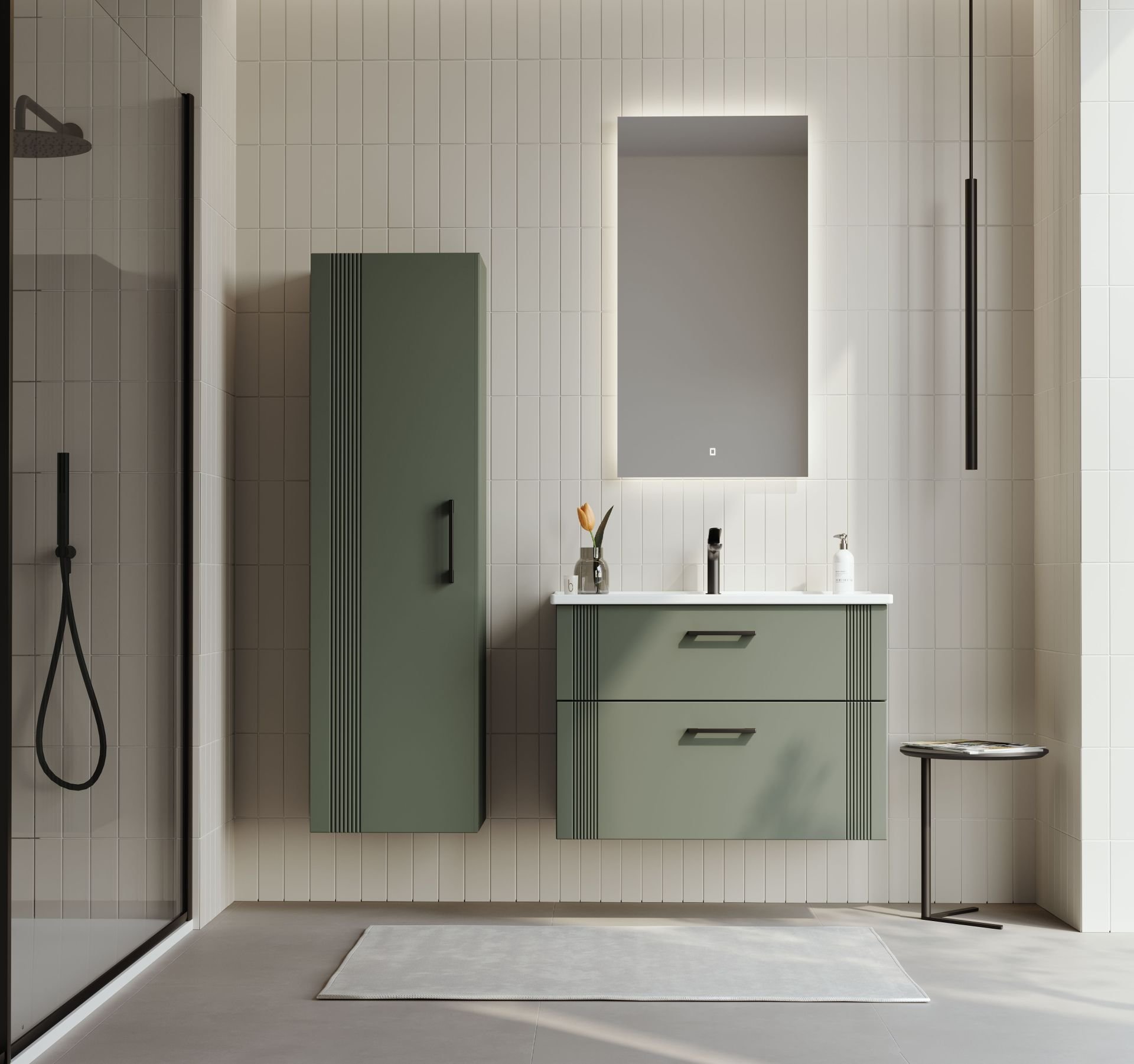 Orka Bari 85 Banyo Dolabı (Led Aynalı) + Boy Dolabı 40 Mat Soft Yeşil ( Boy Dolabı Dahildir )