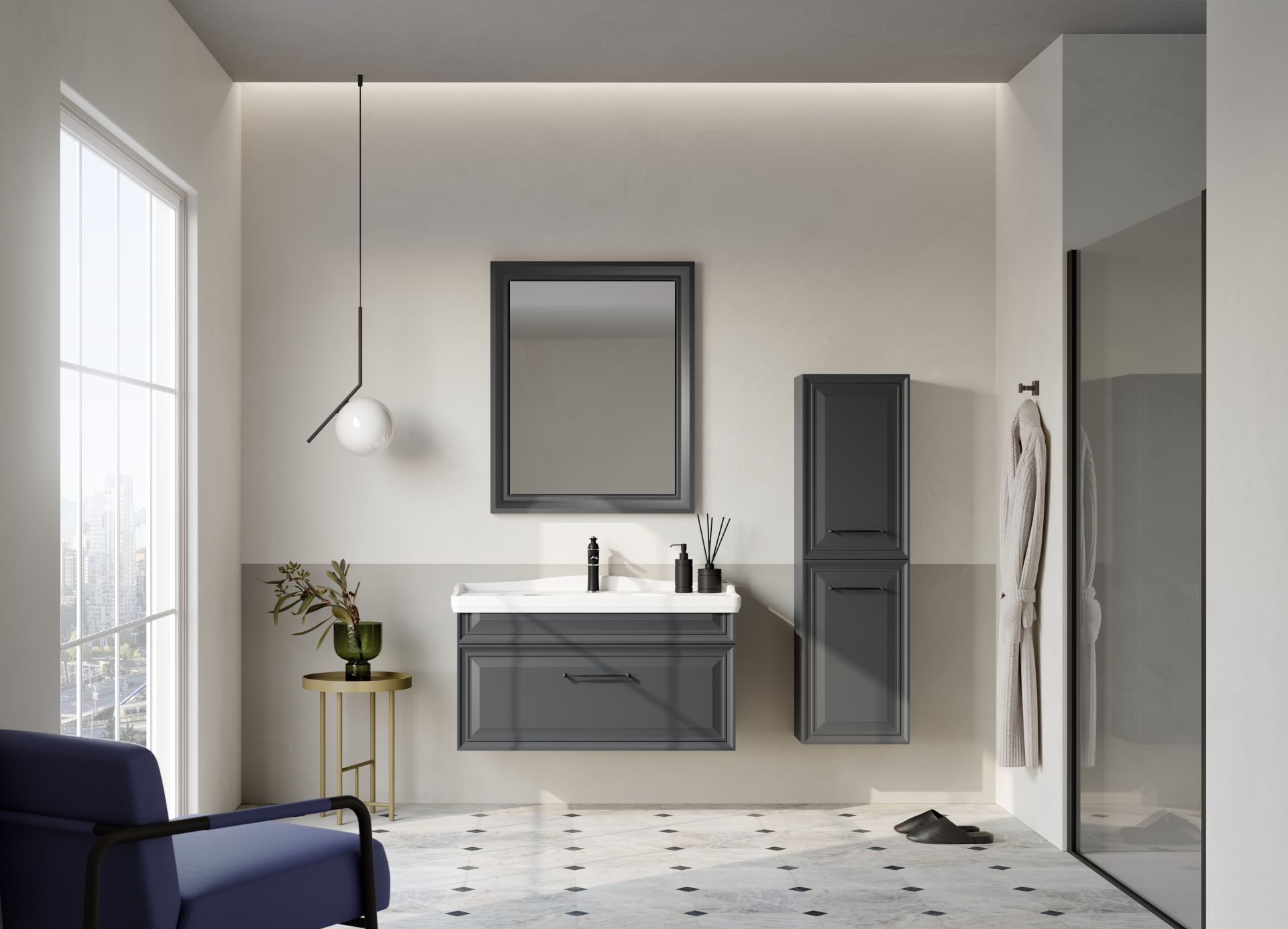 Orka Design 85 Banyo Dolabı + Boy Dolabı 40 Antrasit ( Boy Dolabı Dahildir )