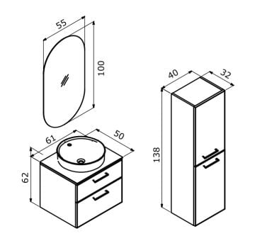 Orka Salerno 60 Banyo Dolabı + Boy Dolabı 40 Legnano / Mat Antrasit ( Boy Dolabı Dahildir )