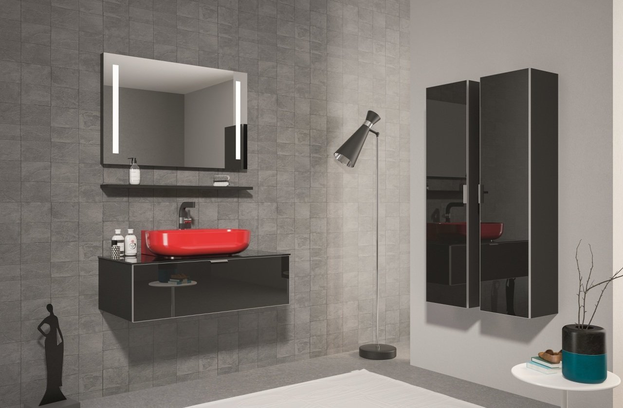 Orka Yalıköy 90 Banyo Dolabı Siyah (Kırmızı Lavabolu) (Boy Dolapları Hariçtir)